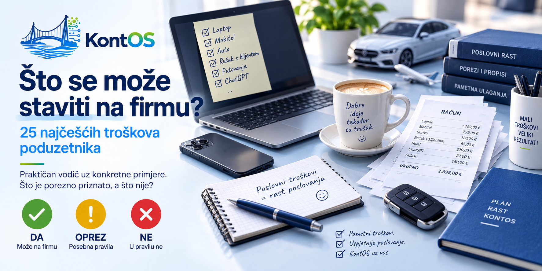 Popis čestih poslovnih troškova poduzetnika – laptop, automobil, ručak s klijentom i uredska oprema